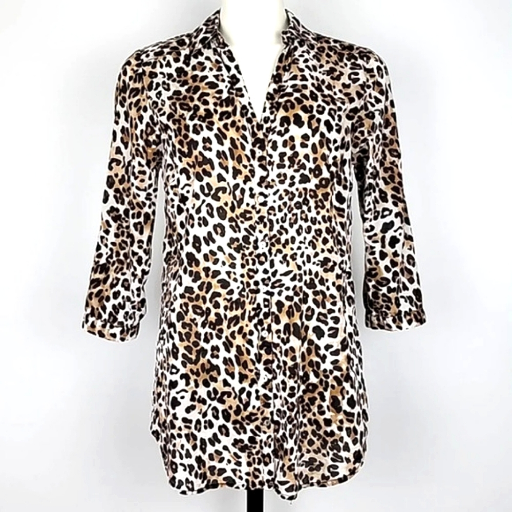 DEX Fresh Women's Cotton Long Shirt Top Leopard Print Roll Up Sleeves Size M - Picture 2 of 15